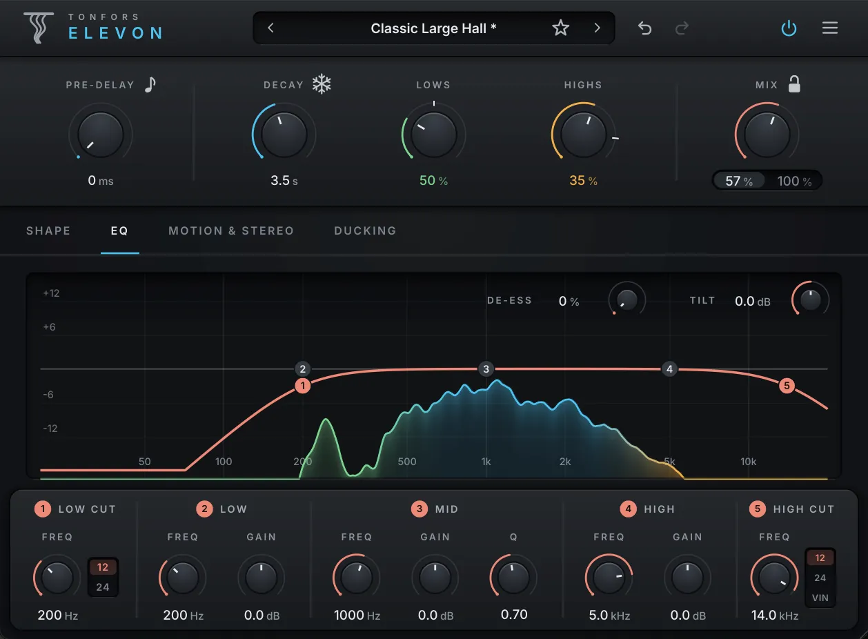 Elevon EQ tab: a five-band EQ curve over the reverb spectrum, with De-Ess and Tilt knobs