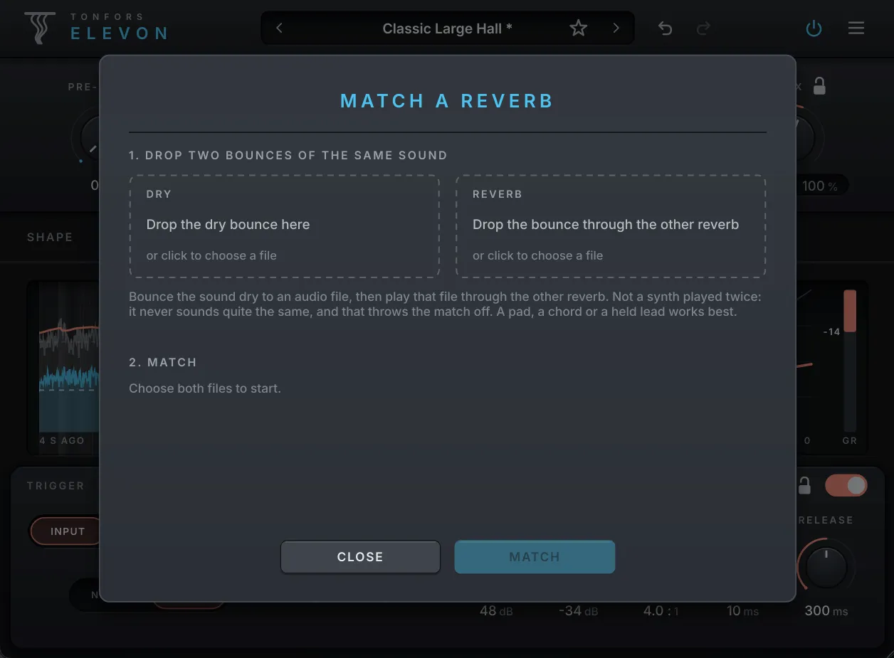 Elevon Match a Reverb window with drop areas for a dry bounce and a bounce through another reverb
