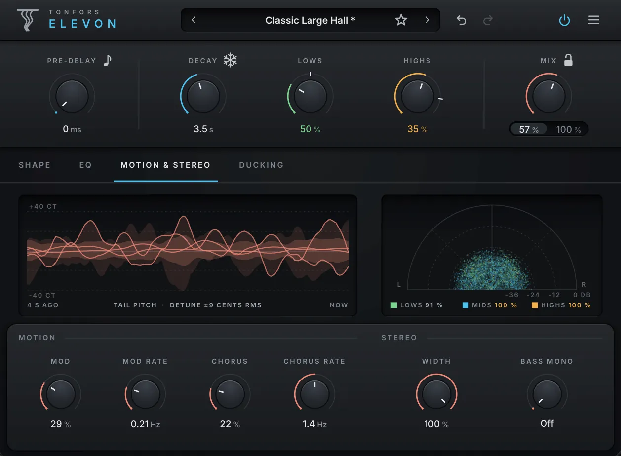 Elevon Motion and Stereo tab: a tail pitch display and a stereo display, over Mod, Chorus, Width and Bass Mono knobs