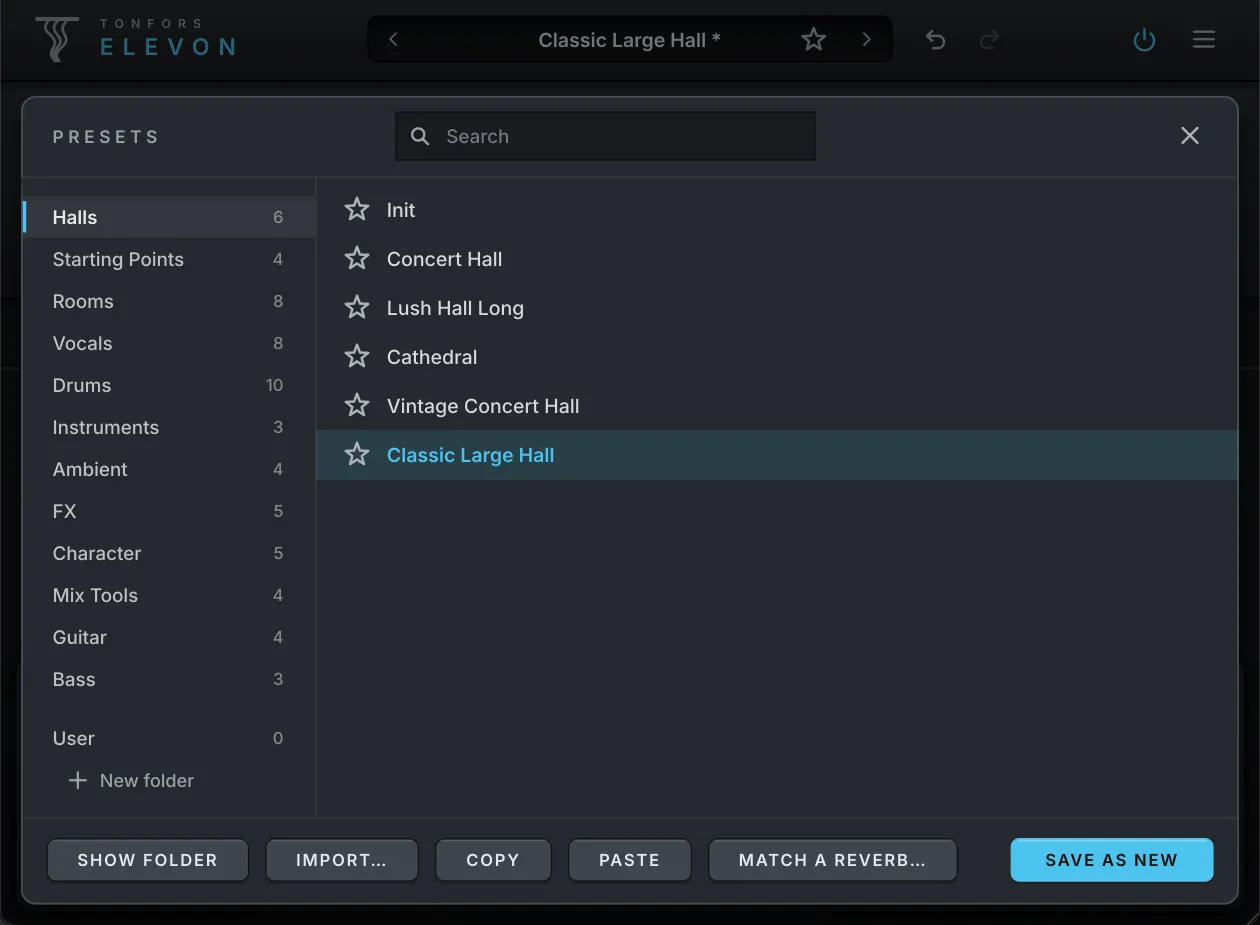 Elevon preset browser with folders such as Halls, Rooms, Vocals and Drums, and a list of hall presets