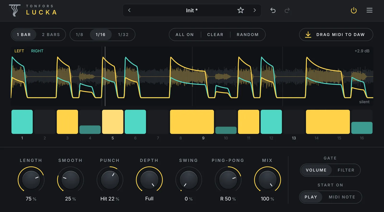 Lucka trance gate plugin window with a 16-step ping-pong pattern over the waveform, and its Length, Smooth, Punch, Depth, Swing, Ping-pong and Mix controls