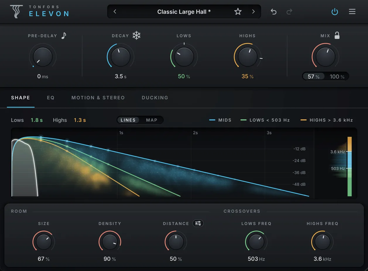Elevon Shape tab: a decay display with separate lines for lows, mids and highs, over Size, Density, Distance and crossover knobs